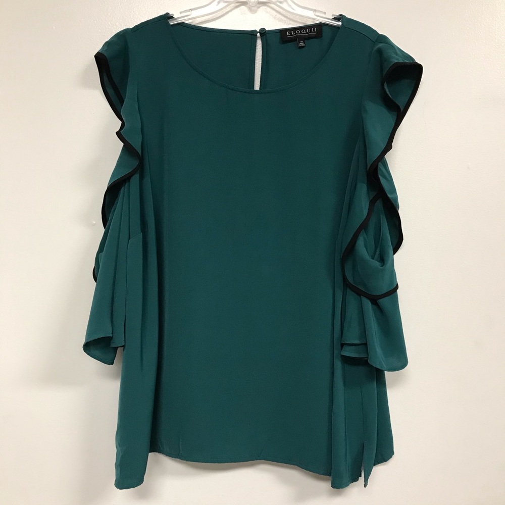 Eloquii Green Cold Shoulder Ruffle Blouse with Black Trim on the Ruffles size 24